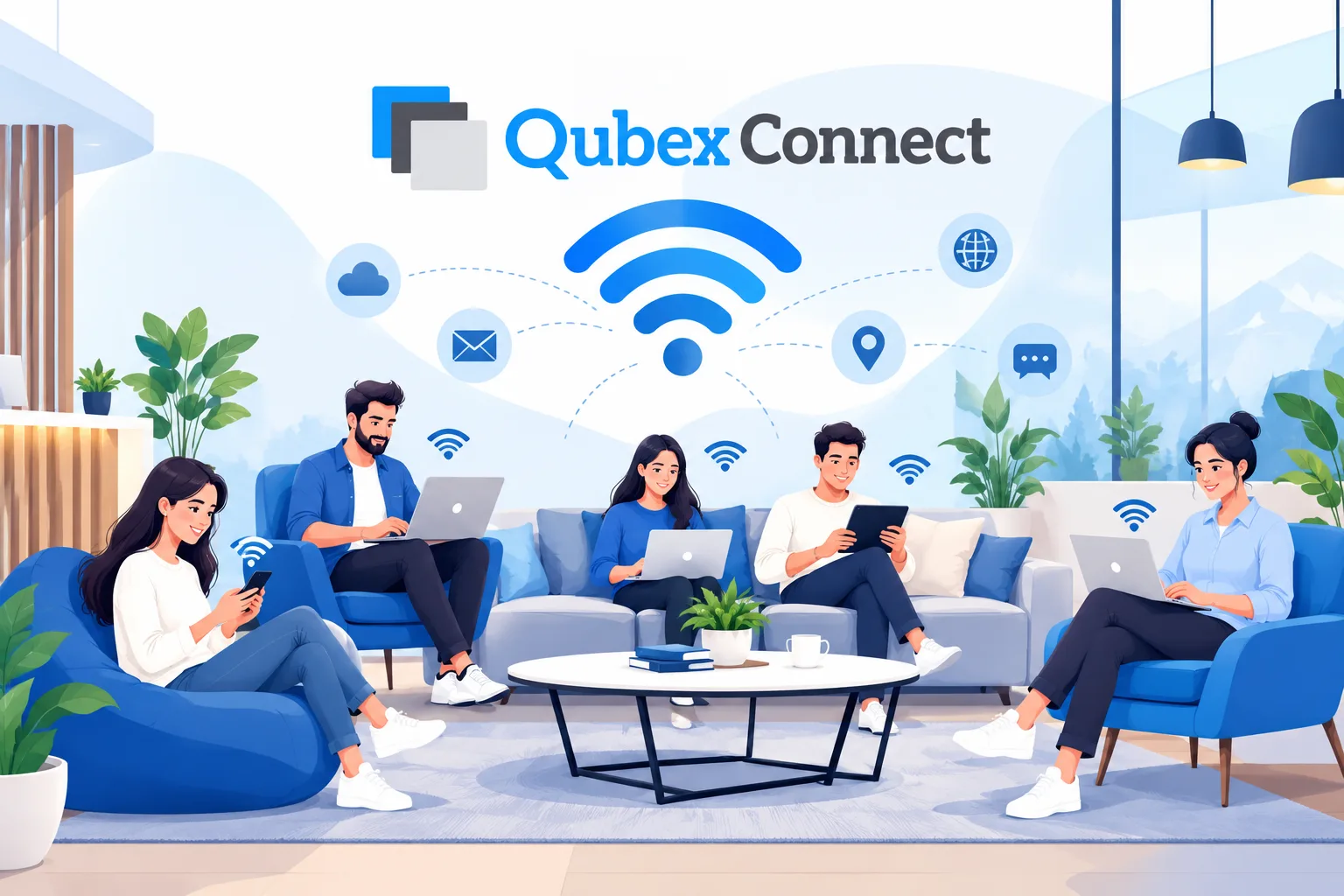 Illustration of people in a modern lounge connecting phones, laptops and tablets to Qubex Connect Wi-Fi